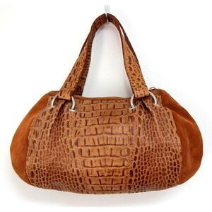 CB Pelletterie BROWN CROCO EMBOSSED GENUINE LEATHER ZIP TOP SMALL HANDBAG PURSE